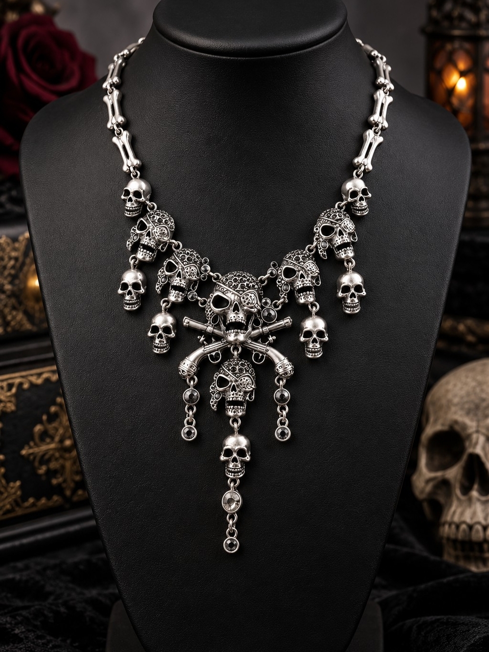 Gothic Silver Skull Statement Necklace - Women Jewelry